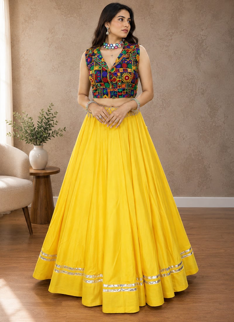 Yellow Rayon Cotton Mirror Work Embroidered Indowestern Chaniya Choli For Navratri Festive Wear