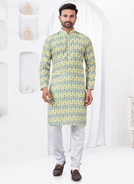 Yellow Rayon Cotton Printed Kurta Pyjama