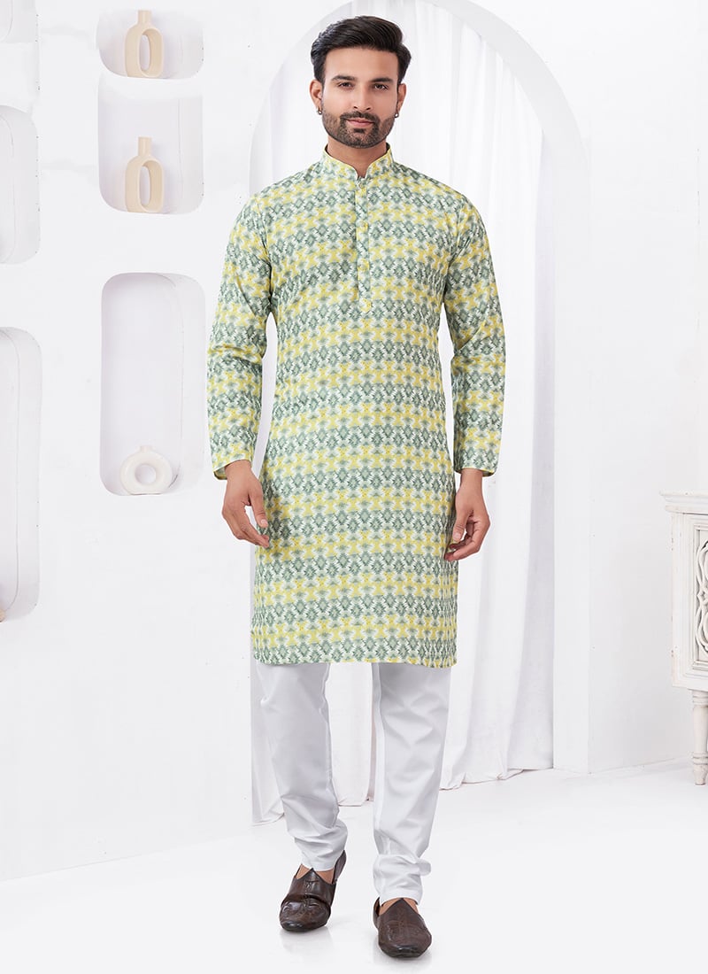 Yellow Rayon Cotton Printed Kurta Pyjama Festive Wear