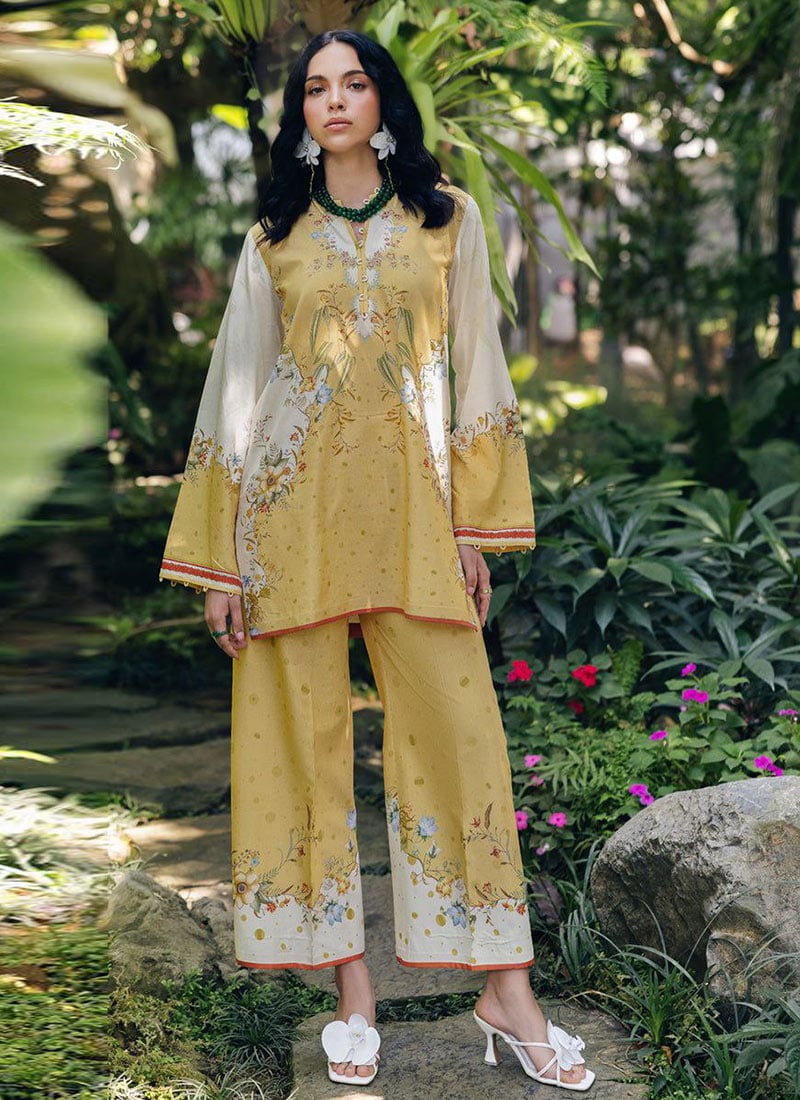 Yellow Rayon Digital Print Indowestern Co ord Set