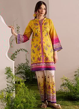 Yellow Rayon Digital Print Indowestern Co ord Set
