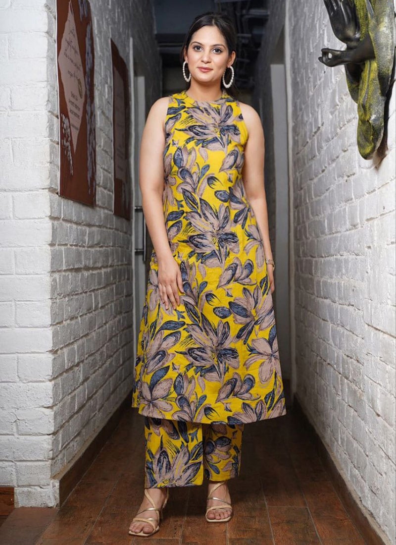 Yellow Rayon Digital Print Indowestern Co ord Sets