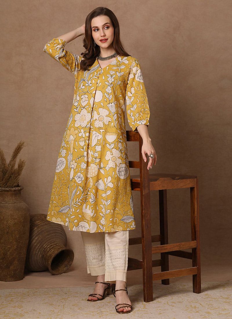 Yellow Rayon Digital Print Kurti After Six Wear
