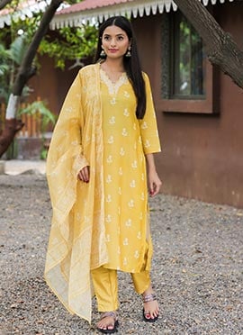 Yellow Rayon Embroidered Printed Straight Pant Suit