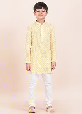 Yellow Rayon Embroidered Sequins Kids Boys Kurta Pyjama