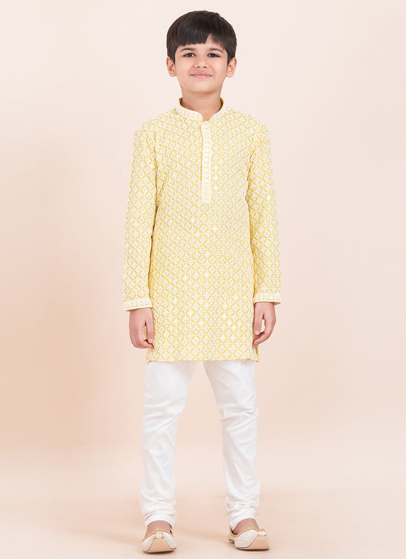 Yellow Rayon Embroidered Sequins Kids Boys Kurta Pyjama