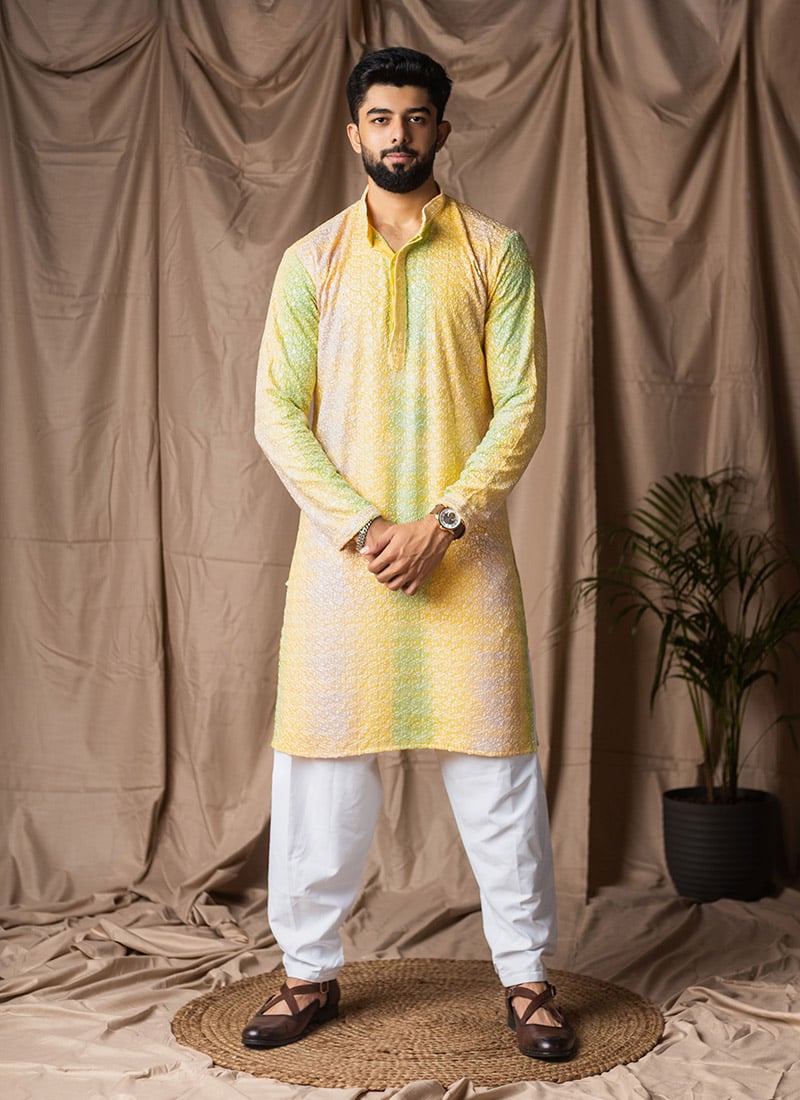 Yellow Rayon Embroidered Sequins Kurta Pyjama Festive Wear