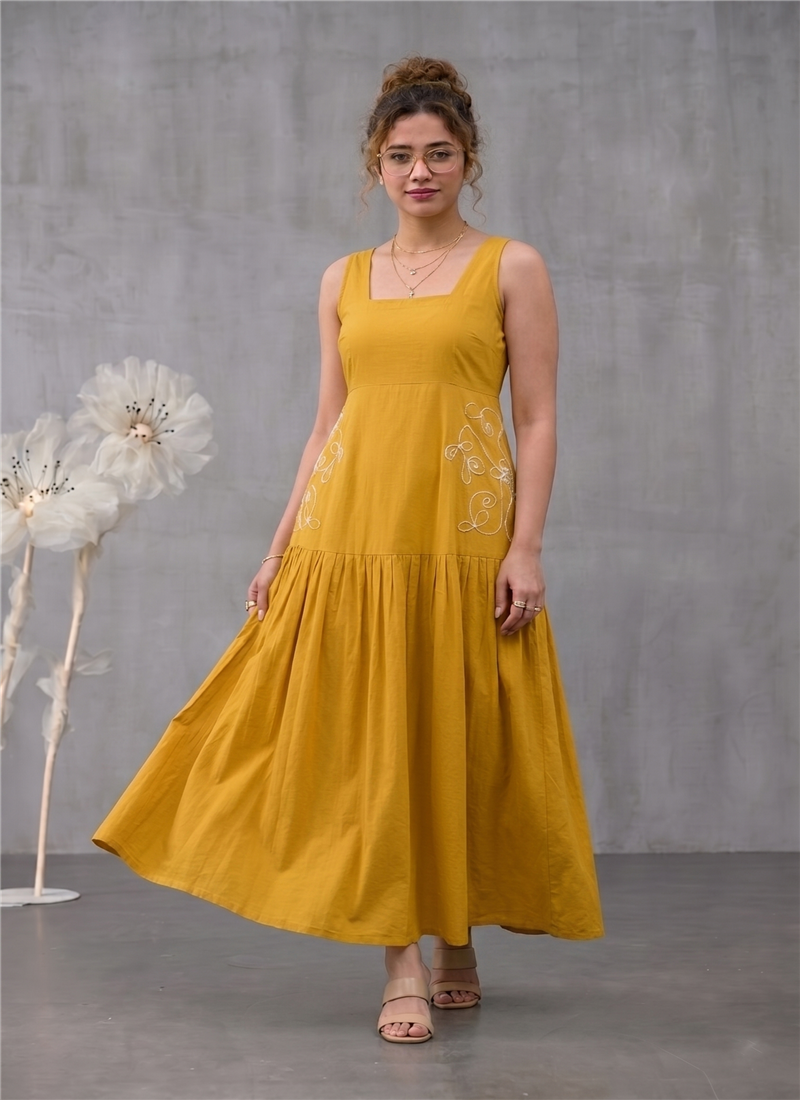 Yellow Rayon Embroidered Tiered Dress After Six Wear