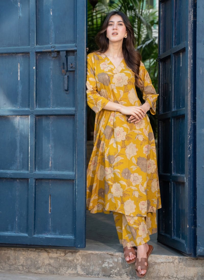 Yellow Rayon Floral Digital Print Kurta Palazzo Set