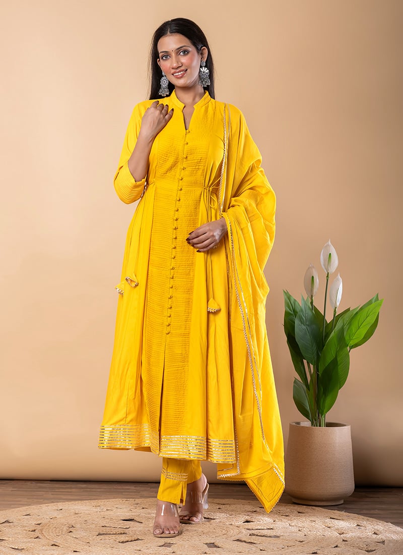 Yellow Rayon Gota Lace Work Anarkali Suit After Six Wear