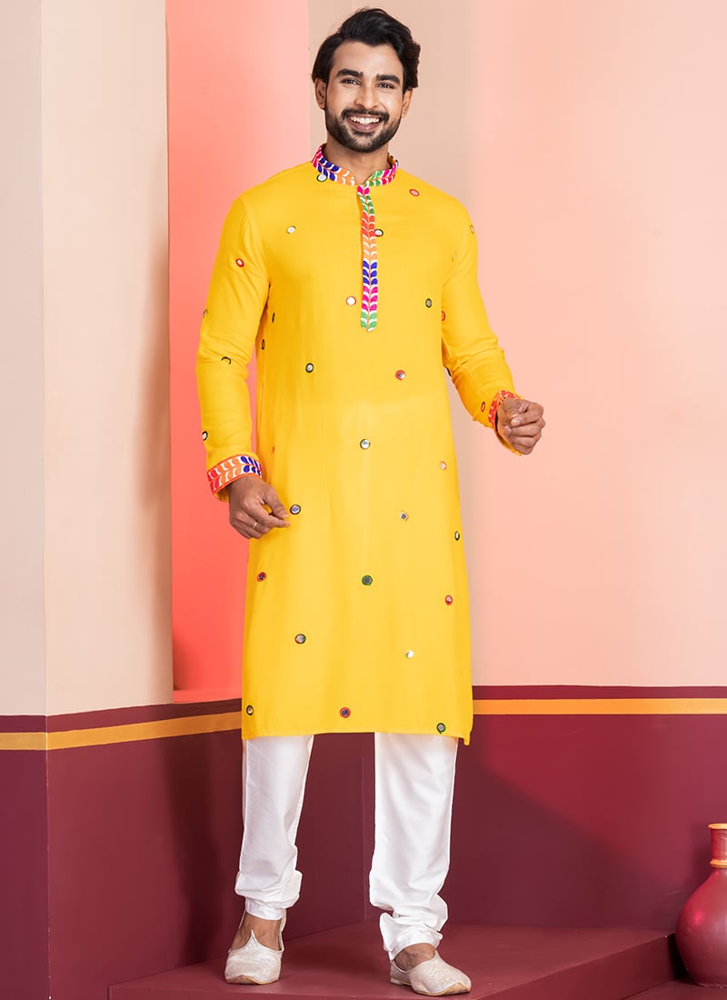 Yellow Rayon Kutch Work Kurta Pyjama Festive Wear