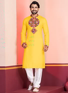 Yellow Rayon Kutch Work Kurta Pyjama