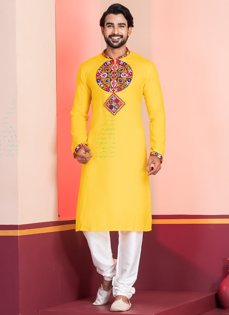 Yellow Rayon Kutch Work Kurta Pyjama Festive Wear