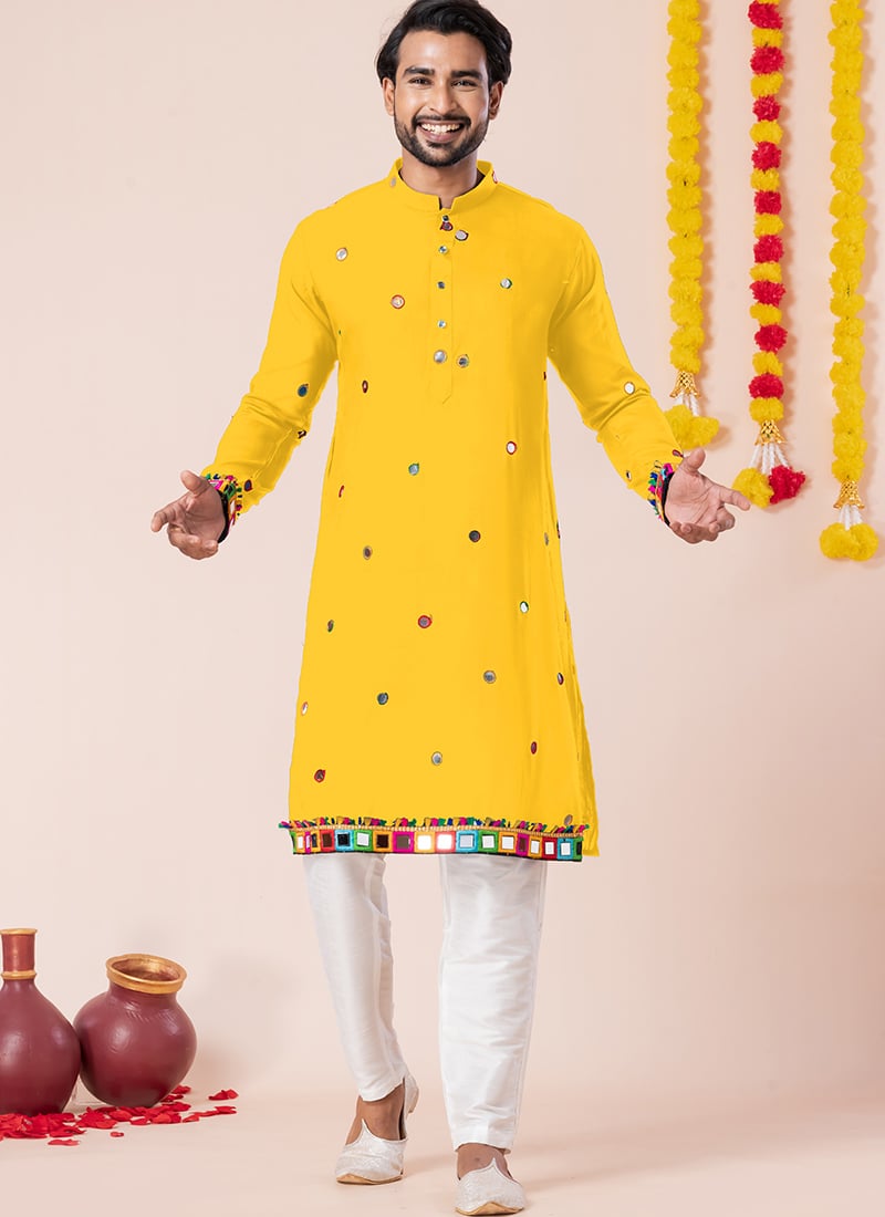 Yellow Rayon Kutch Work Kurta Pyjama Festive Wear