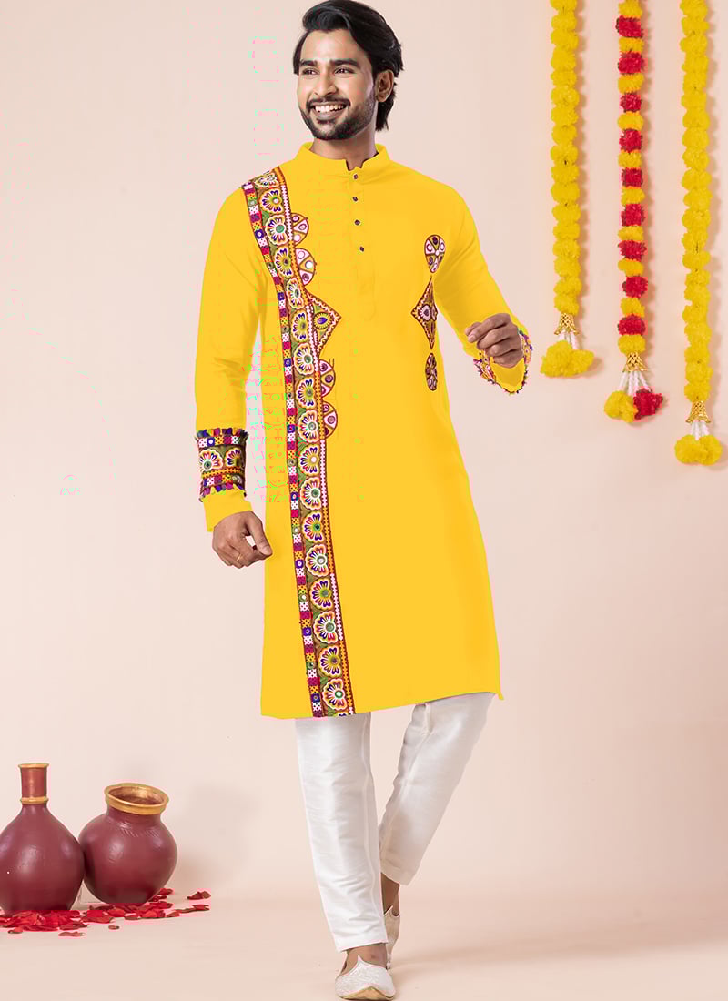 Yellow Rayon Kutch Work Kurta Pyjama Festive Wear