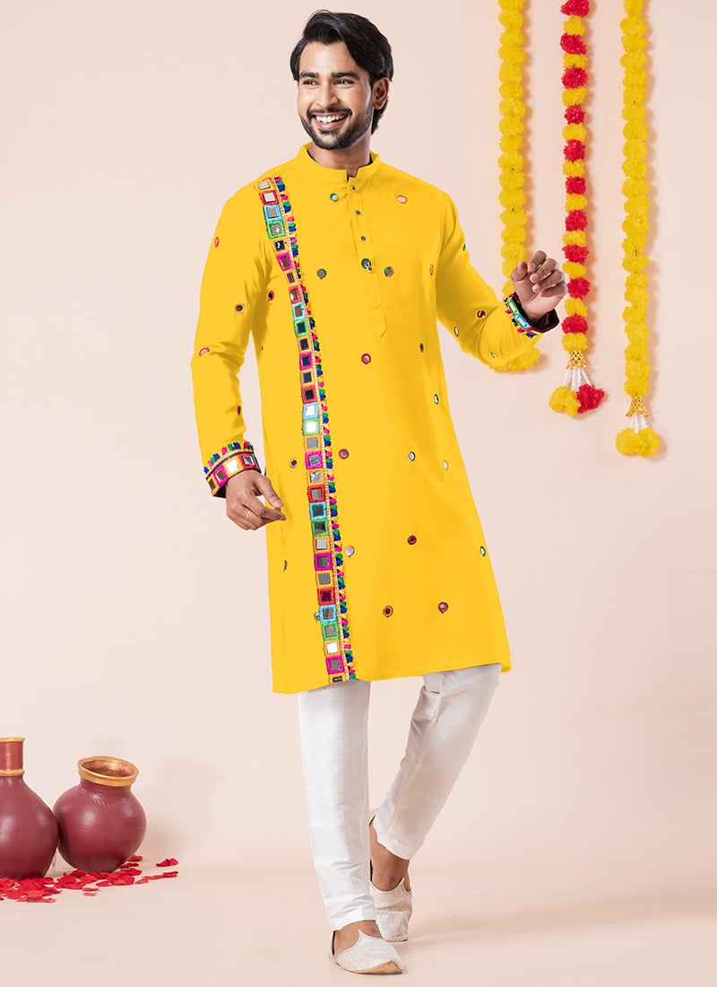 Yellow Rayon Kutch Work Kurta Pyjama Festive Wear