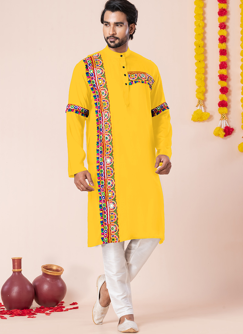 Yellow Rayon Kutch Work Kurta Pyjama