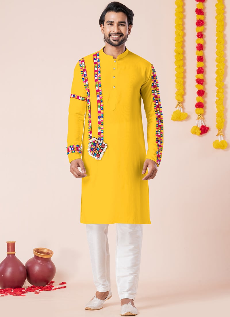 Yellow Rayon Kutch Work Kurta Pyjama Festive Wear