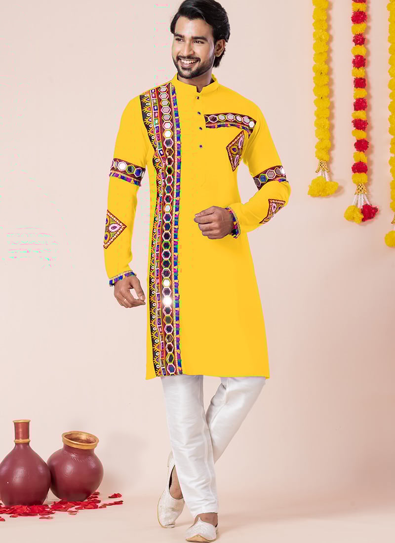 Yellow Rayon Kutch Work Kurta Pyjama Festive Wear