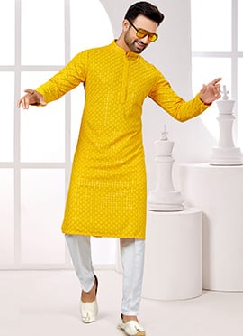 Yellow Rayon Lucknowi Thread Sequins Embroidered Kurta Pyjama
