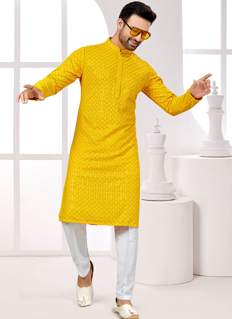 Yellow Rayon Lucknowi Thread Sequins Embroidered Kurta Pyjama Festive Wear