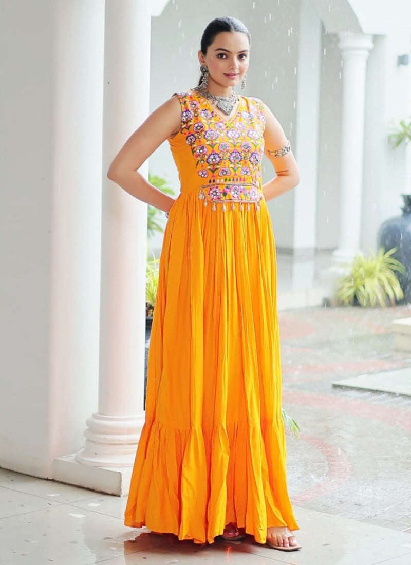 Yellow Rayon Mirror And Kutch Gamthi Work Anarkali Gown
