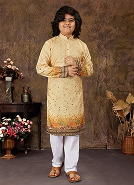 Yellow Rayon Printed Embroidered Sequins Kids Boys Kurta Pyjama