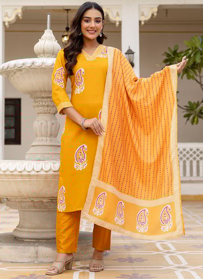 Yellow Rayon Printed Straight Pant Set Festive Wear
