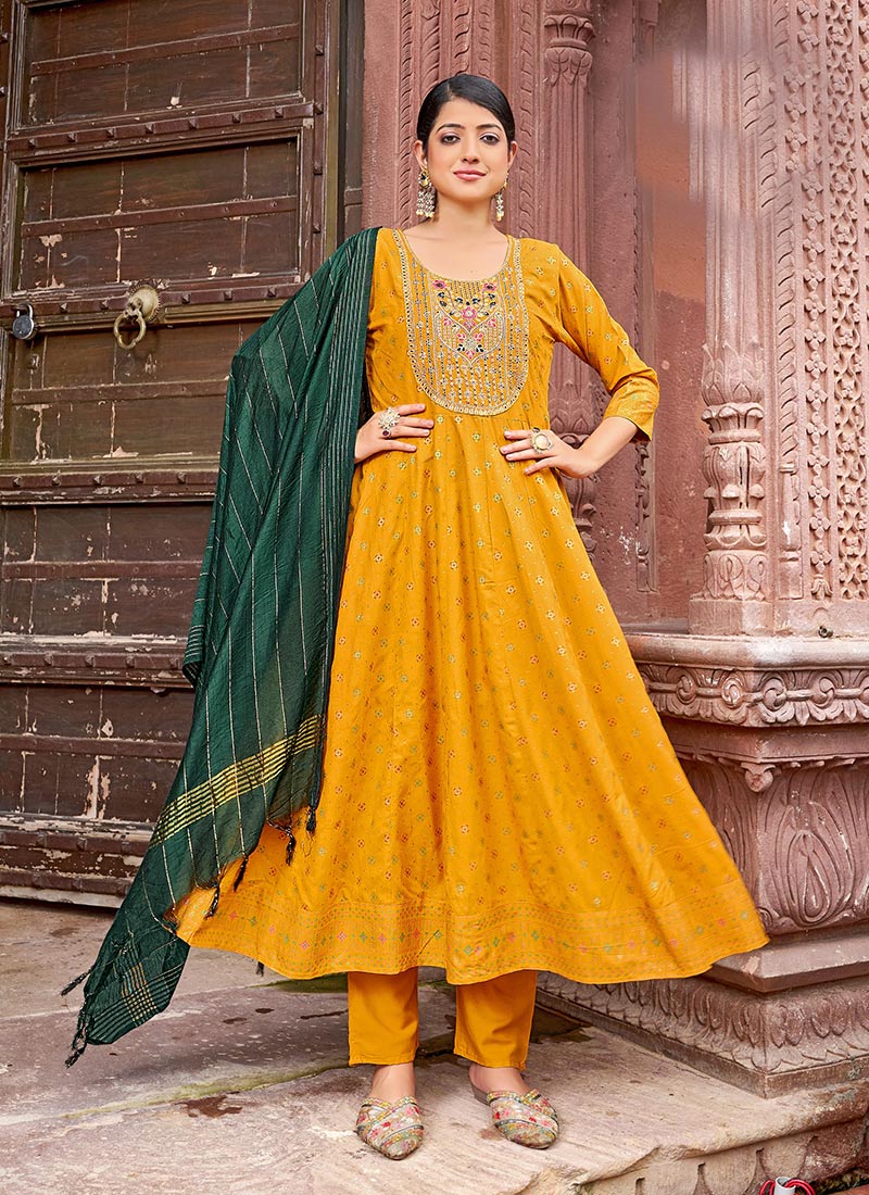 Yellow Rayon Sequins Embroidered And Foil Print Anarkali Suit After Six Wear