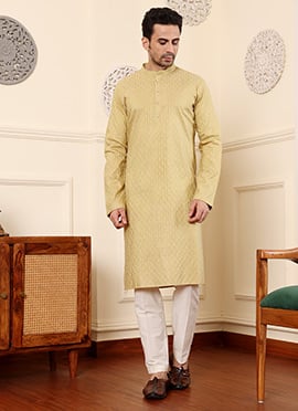 Yellow Rayon Silk Embroidered Kurta For Men