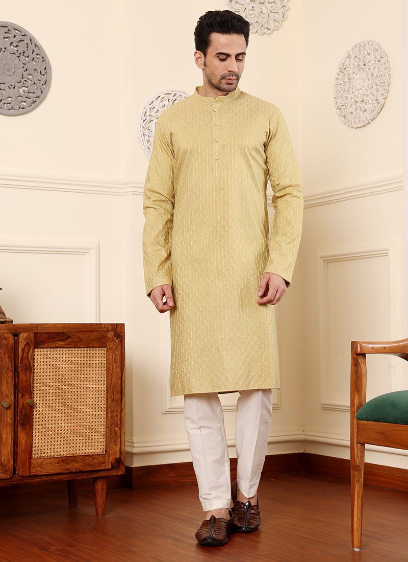 Yellow Rayon Silk Embroidered Kurta For Men