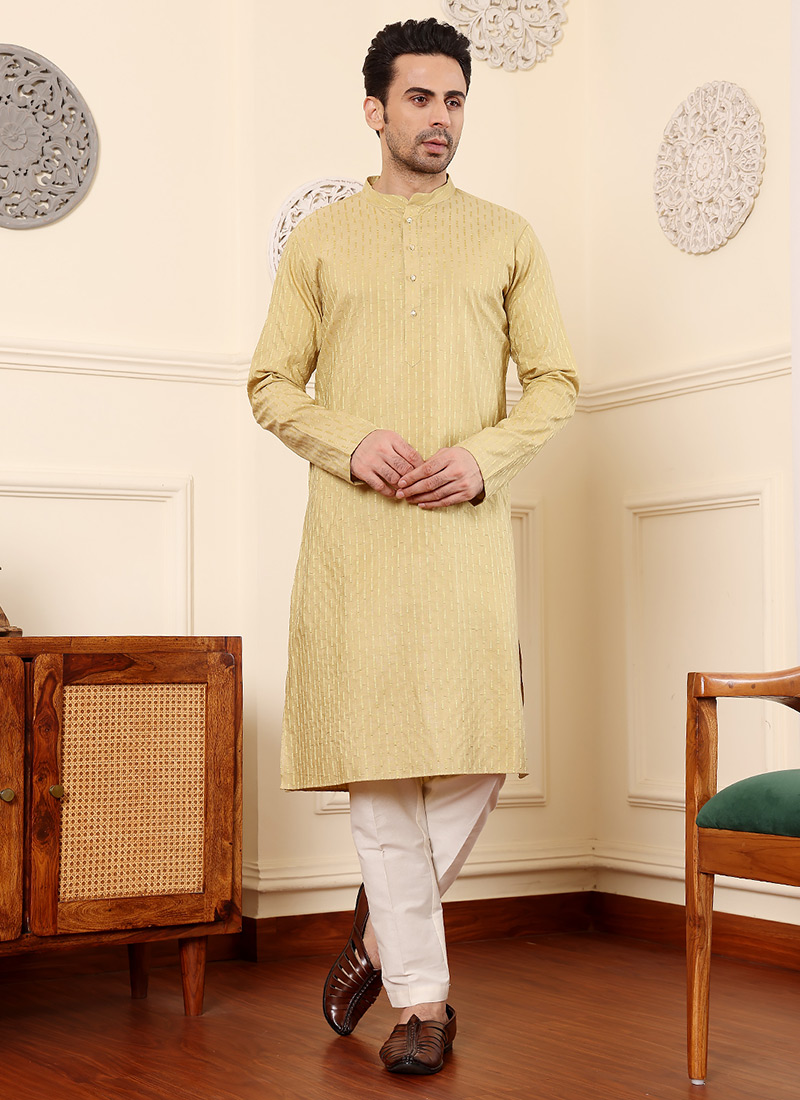 Yellow Rayon Silk Embroidered Kurta Pyjama Festive Wear