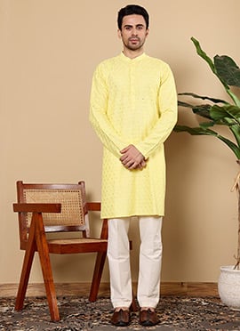 Yellow Rayon Silk Embroidered Sequin Chikankari Kurta For Men