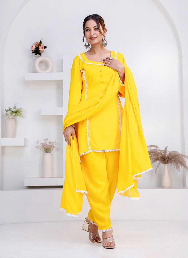 Yellow Rayon Straight Pant Suit After Six Wear