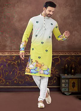 Yellow Rayon Thread Digital Print Kurta Pyjama