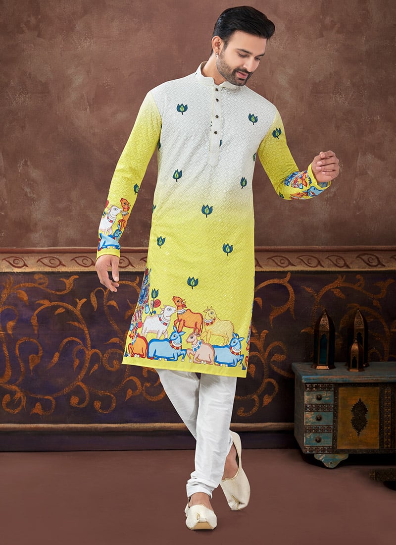 Yellow Rayon Thread Digital Print Kurta Pyjama Festive Wear