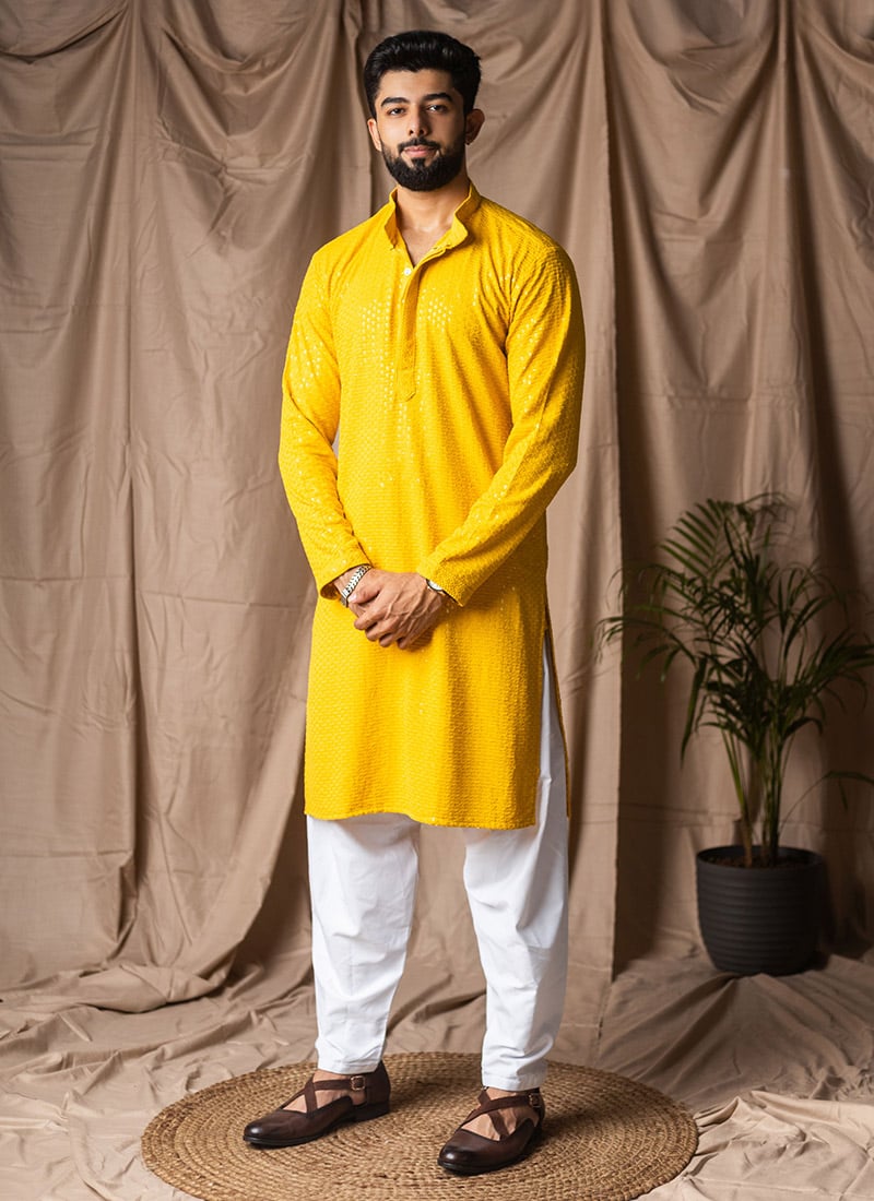 Yellow Rayon Thread Embroidered Sequins Kurta Pyjama Festive Wear