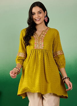 Yellow Rayon Thread Work Peplum Tops And Tunics