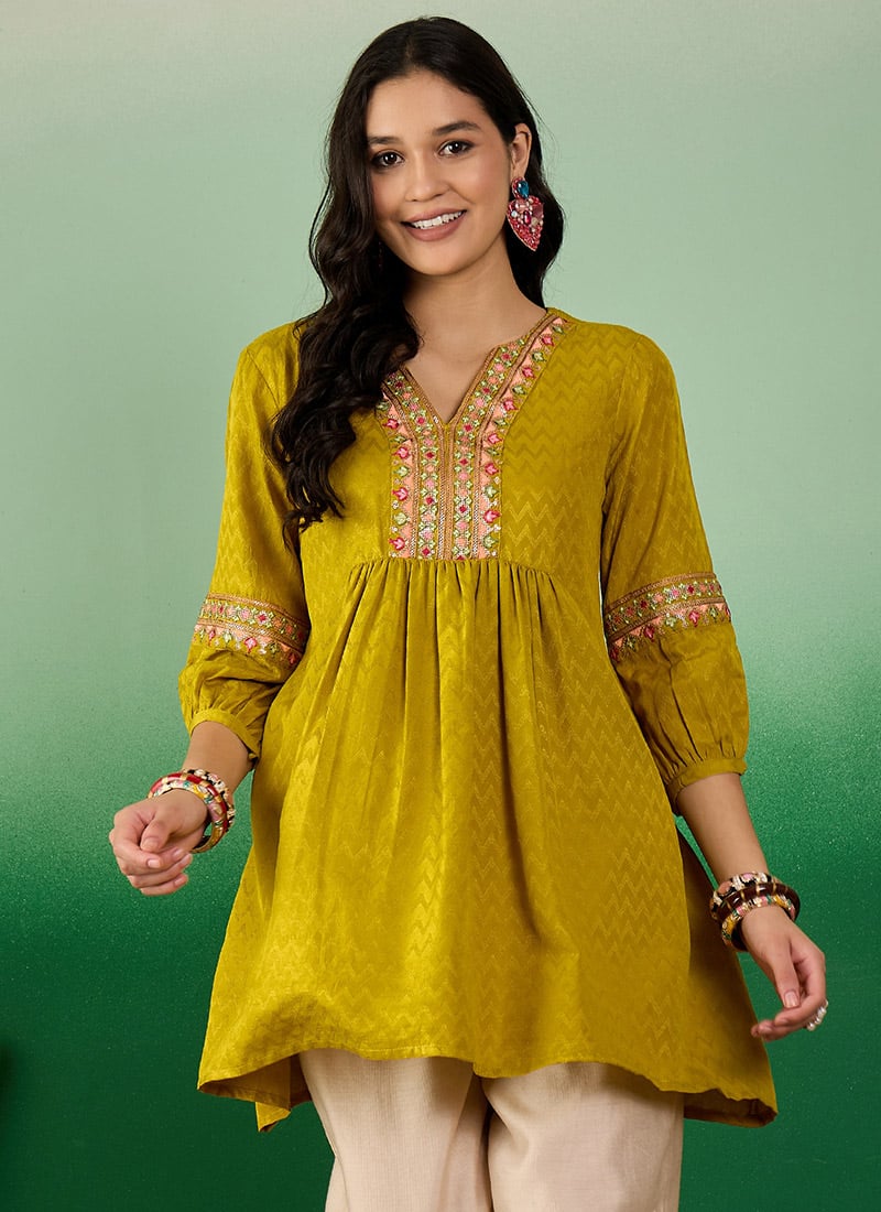 Yellow Rayon Thread Work Peplum Tops And Tunics After Six Wear