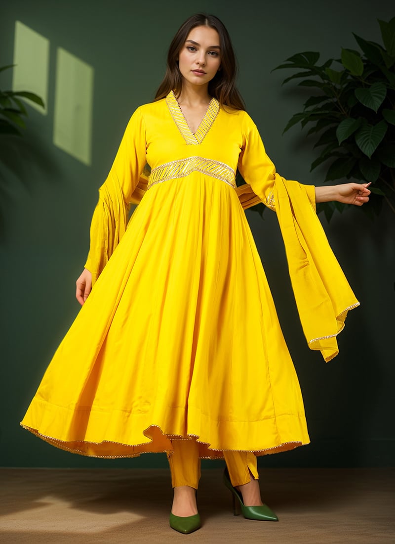 Yellow Rayon Zari Gota Patti Anarkali Suit