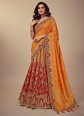 Yellow Silk Embroidered Khatli Work Saree