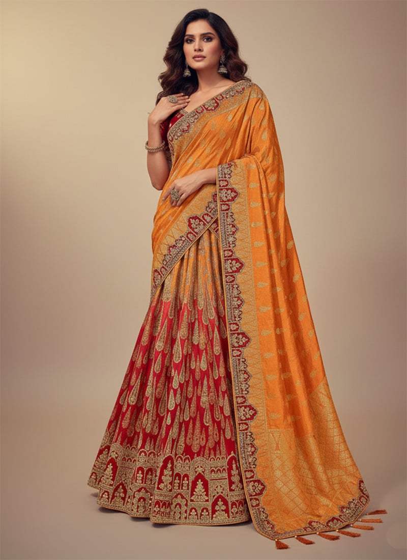 Yellow Red Silk Embroidered Khatli Work Saree
