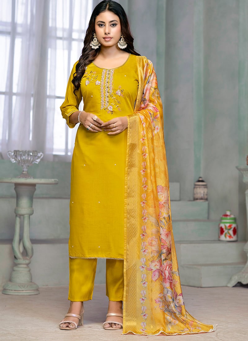 Yellow Roman Cotton Hand Embroidered Straight Pant Suit With Digital Print Dupatta Festive Wear