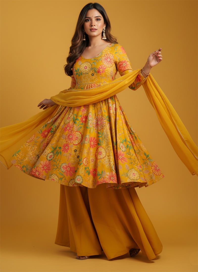 Yellow Roman Silk Chanderi Floral Printed Palazzo Suit After Six Wear