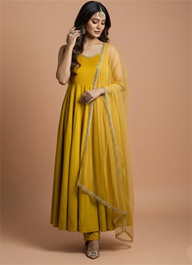 Yellow Roman Silk Embroidered Anarkali Suit