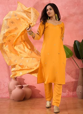 Yellow Roman Silk Embroidered Straight Pant Suit With Jacquard Dupatta