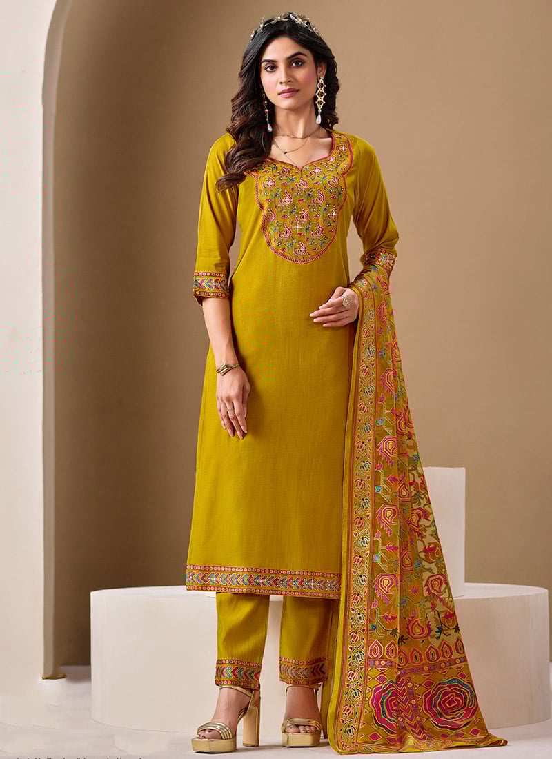 Yellow Roman Silk Straight Pant Suit With Mirror Work After Six Wear