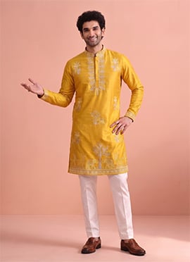 Yellow Satin Embroidered Kurta Pyjama For Men