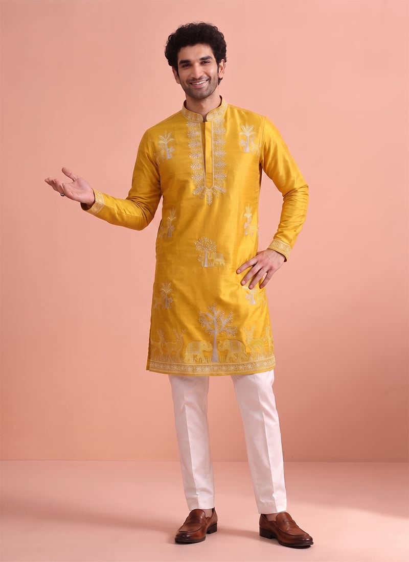 Yellow Satin Embroidered Kurta Pyjama For Men Festive Wear