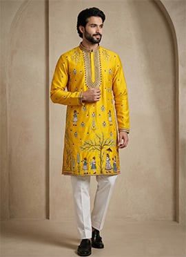 Yellow Satin Embroidered Kurta Pyjama For Men